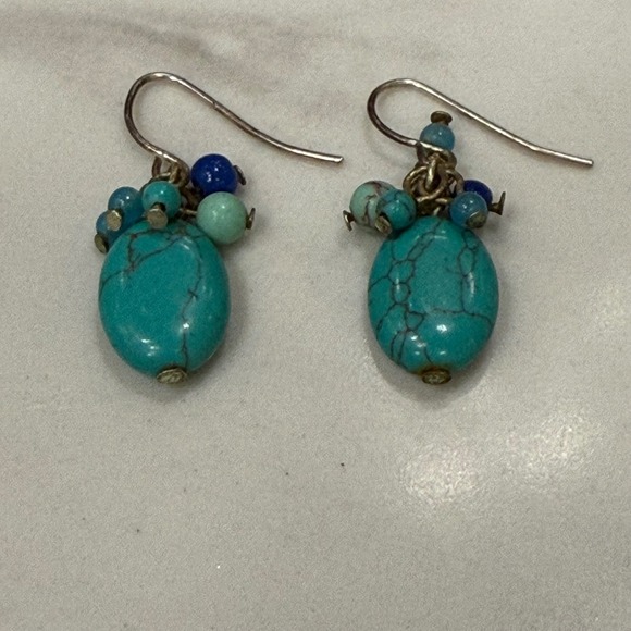 Turquoise Beaded Dangle Earrings Silver Tone Cabochon Boho Jewelry - Picture 1 of 2